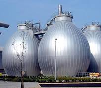 The plant's four egg-shaped anaerobic digesters; the first of their kind in the country, they are of reinforced concrete construction, with external cladding.