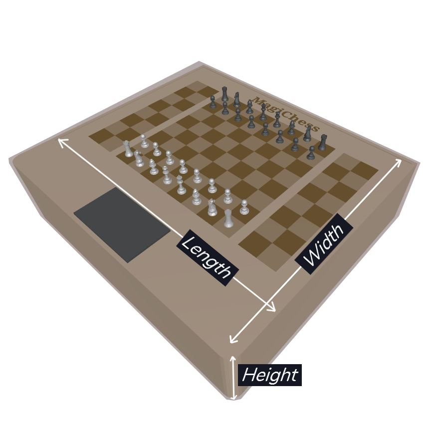 3d Render of MagiChess with labelled dimensions